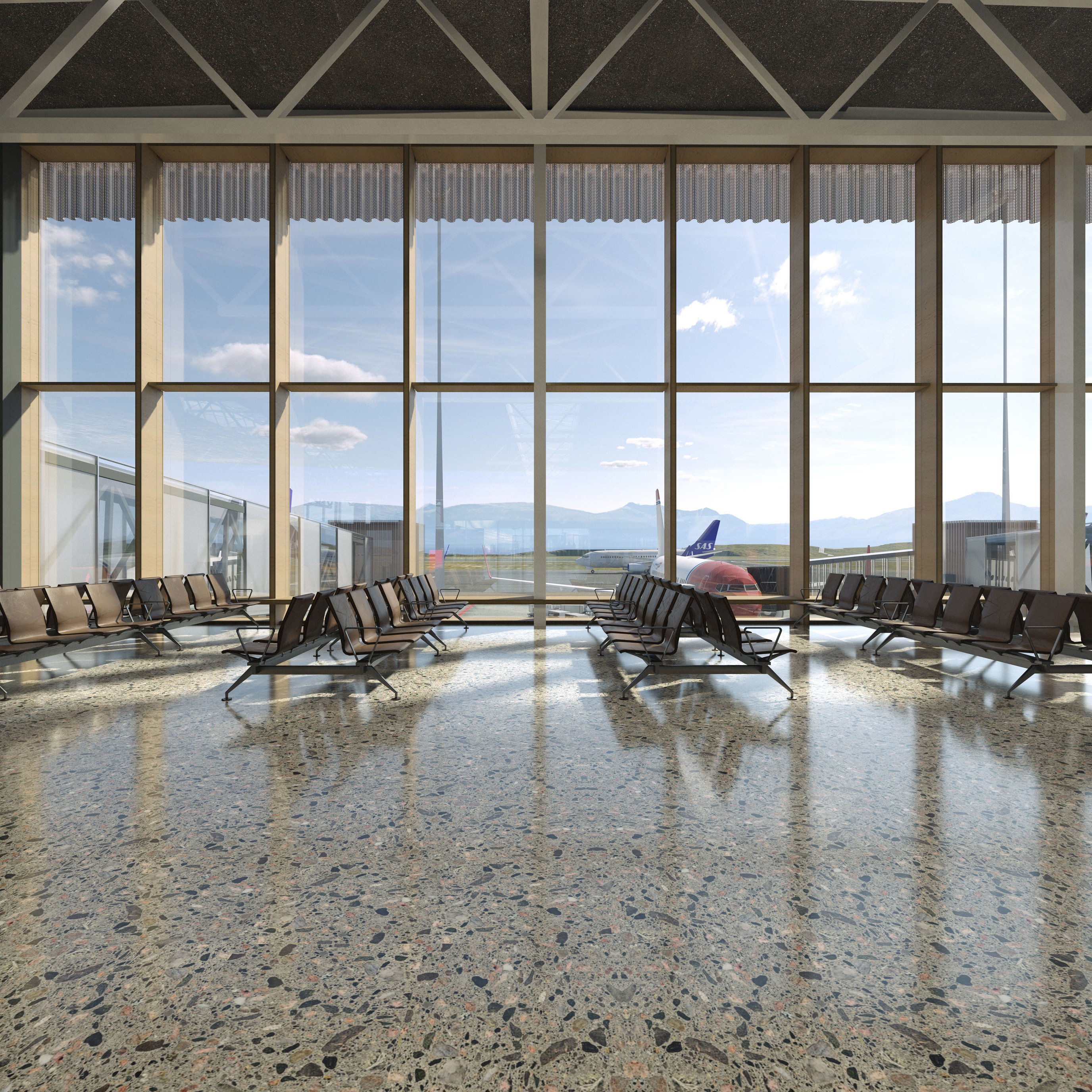 Romslig venteområde på flyplassterminalen med rader av tomme seter vendt mot store vinduer, som tilbyr utsikt over et stillestående fly på en klar dag