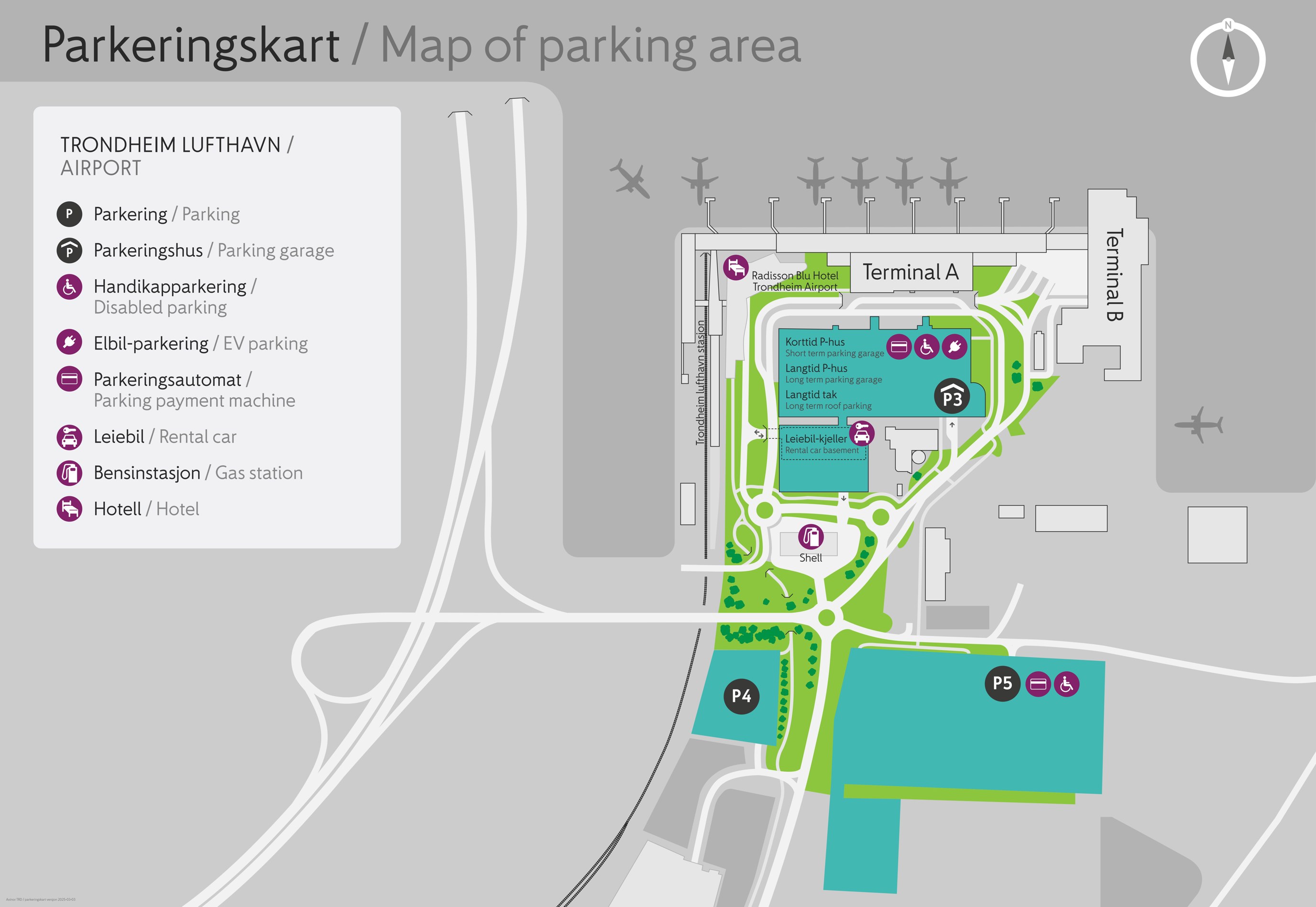 Drawn map of the parking areas at Trondheim Airport