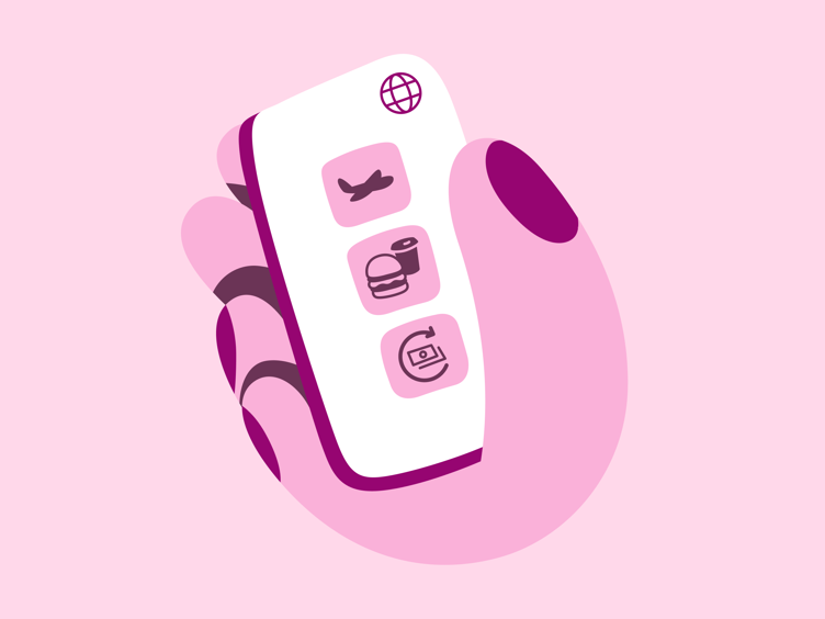 En hånd holder en smarttelefon med en reiseassistent-app på skjermen. Appen tilbyr hjelp med skatterefusjon, mistet bagasje og transport til sentrum