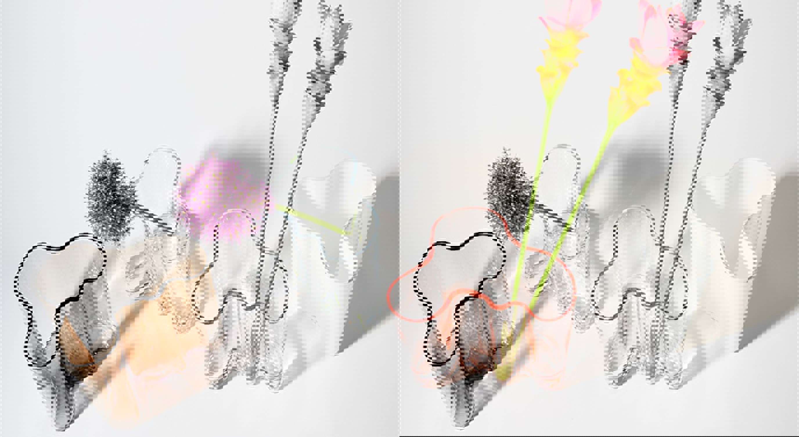 Samling av glassvaser med unike former og varierende farger, med rosa og lilla blomster, vist på en hvit bakgrunn