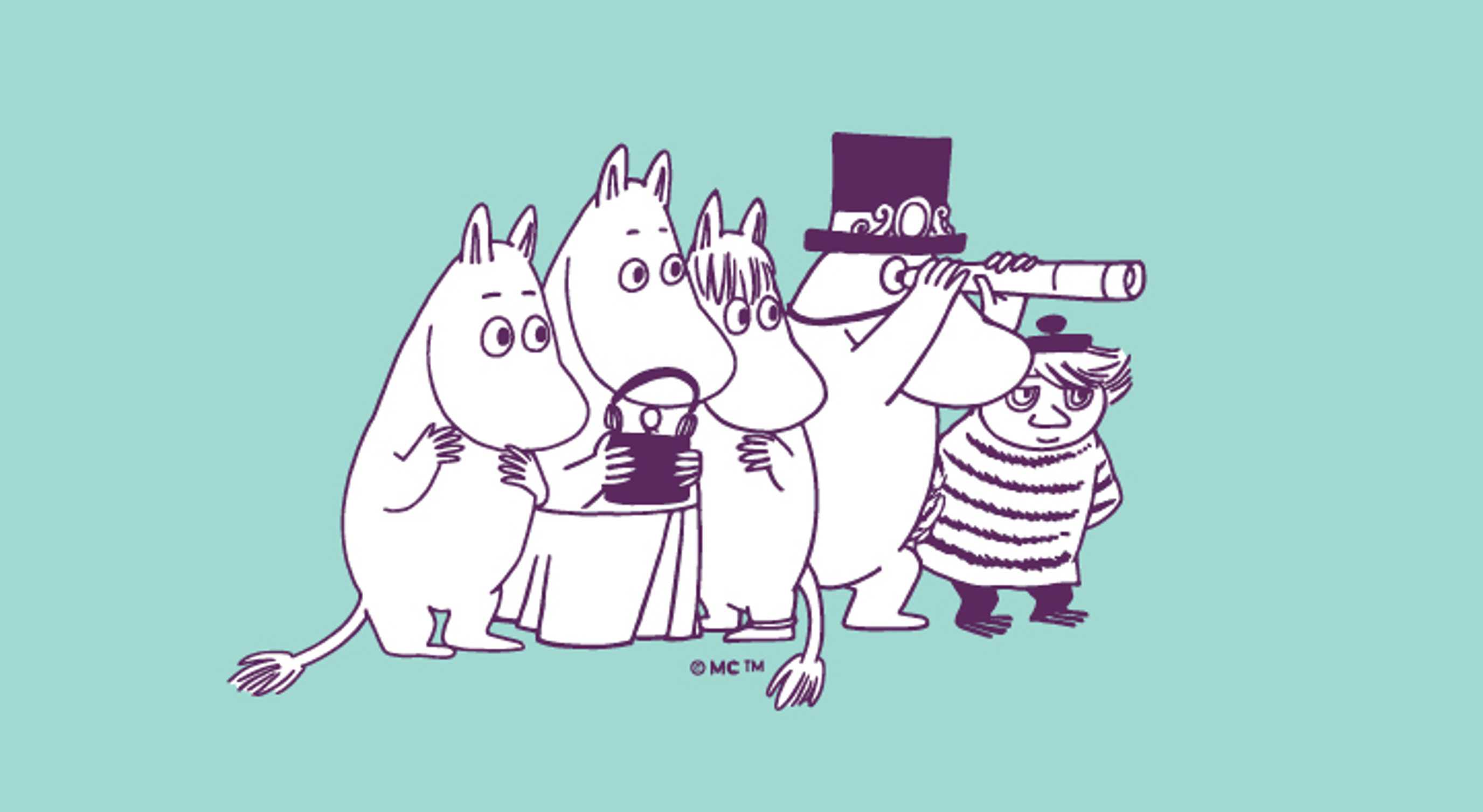 Tegn fra Mummitrollet-serien som bruker et teleskop på en lyseblå bakgrunn