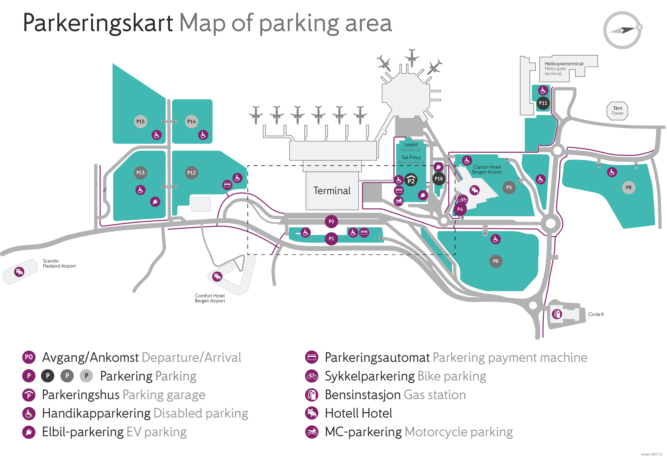 Drawn map of the parking areas at Bergen Airport Flesland