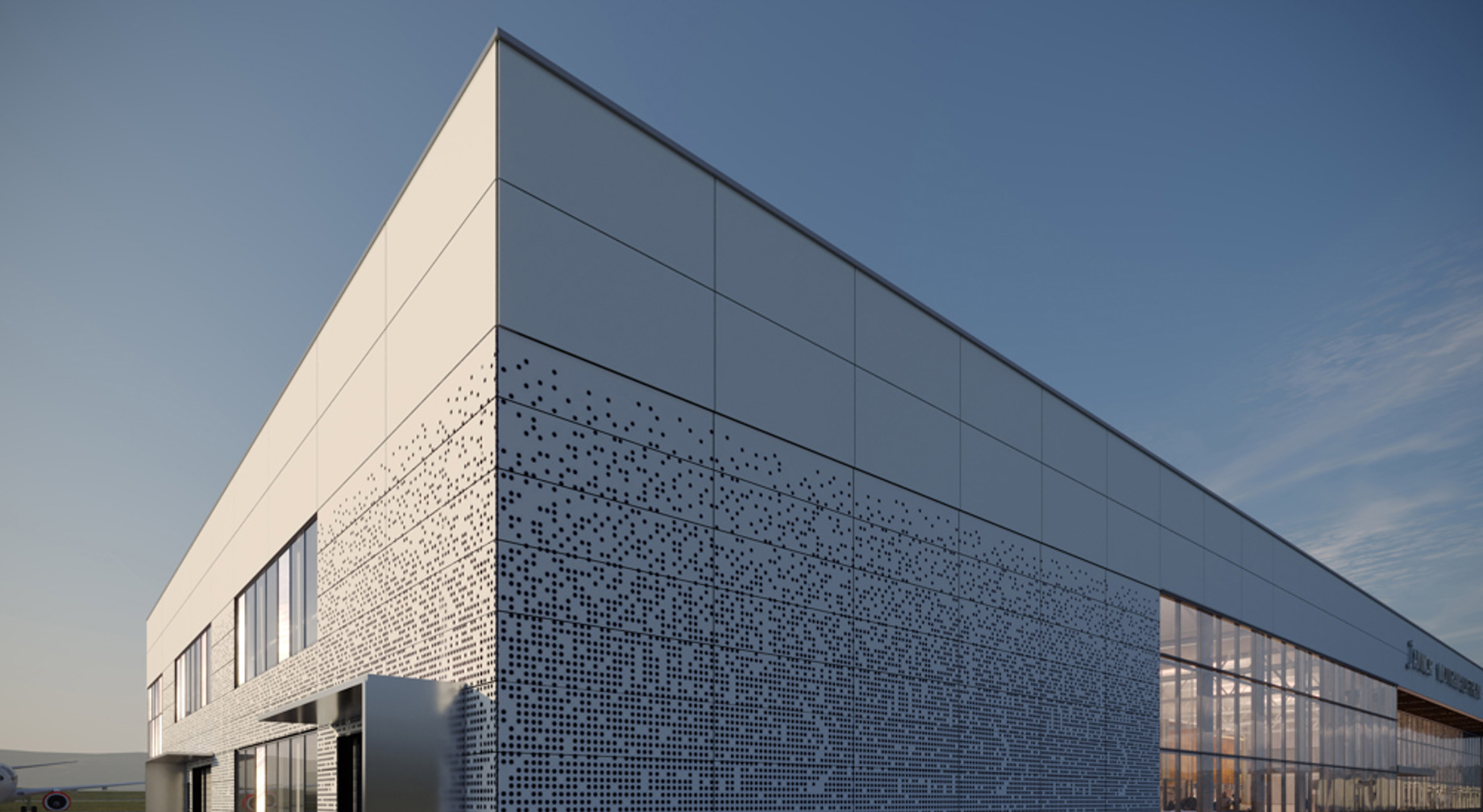 Moderne industriell bygning i metall og glas med perforerte fasadar under ein klar himmel. Skisser som viser korleis flyplassen kan sjå ut, laga av LPO arkitekter.