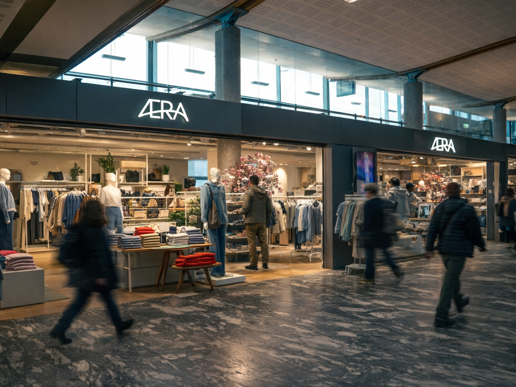 Butikkvindu av Zara Dame i et kjøpesenter, viser moderne dameklær og tilbehør i et stilfullt interiør