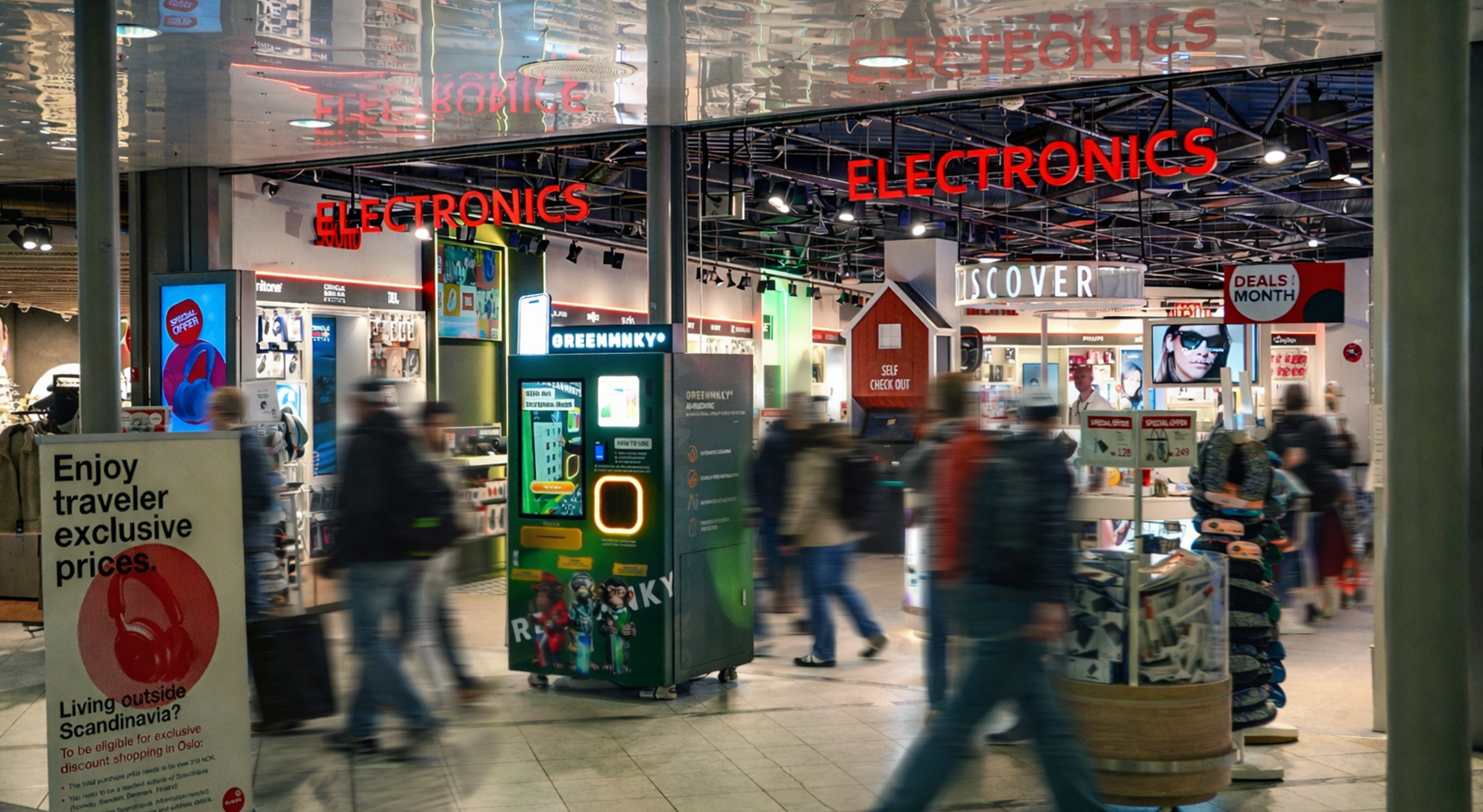 Selger som hjelper en kunde ved en CAPI-butikkdisk på en flyplass, omgitt av teknologiprodukter og fargerike hyller