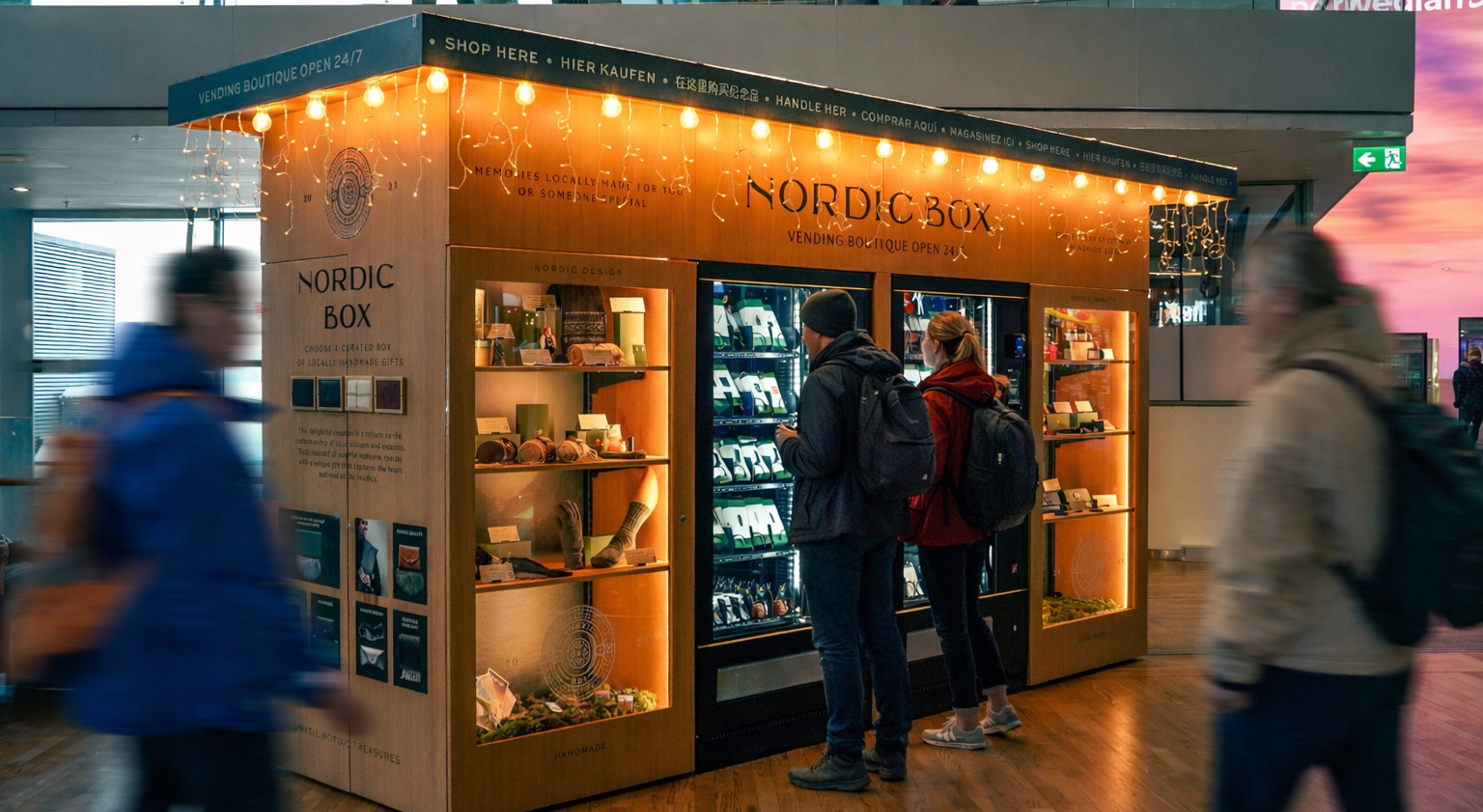 Nordic Box-automatsalg med opplyste hyller og automater som viser frem lokalt håndlagde gaver, plassert i et moderne innemiljø