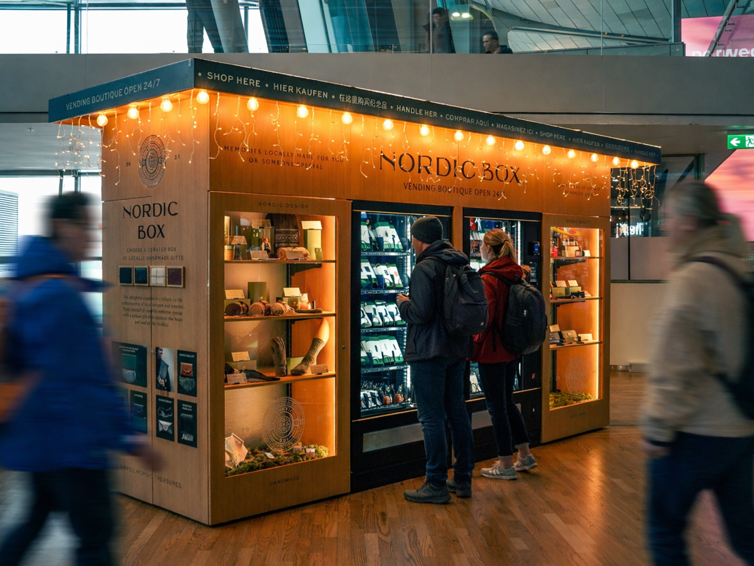 Nordic Box automatbutikk med opplyste hyller og automater som viser frem lokalt håndlagde gaver, plassert i en moderne innendørs setting