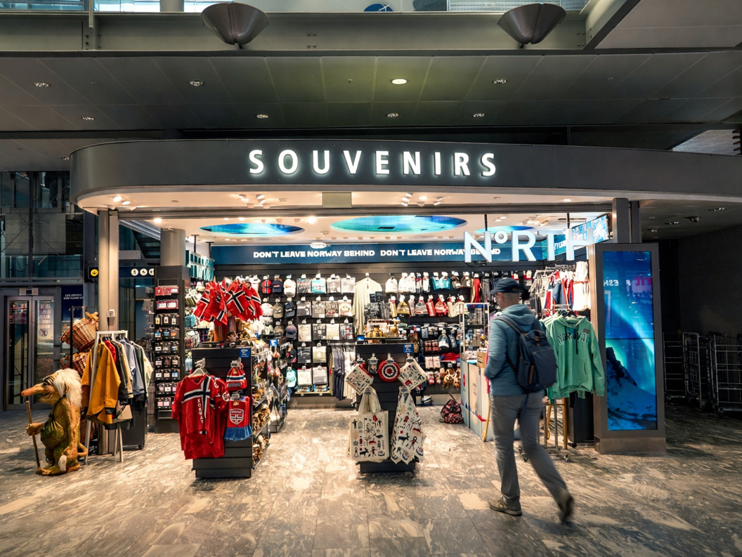 Suvenirbutikk i Norge med tradisjonelle skandinaviske klær, flagg og diverse gaver med fremtredende skilting for "Suvenirer" og "Nord