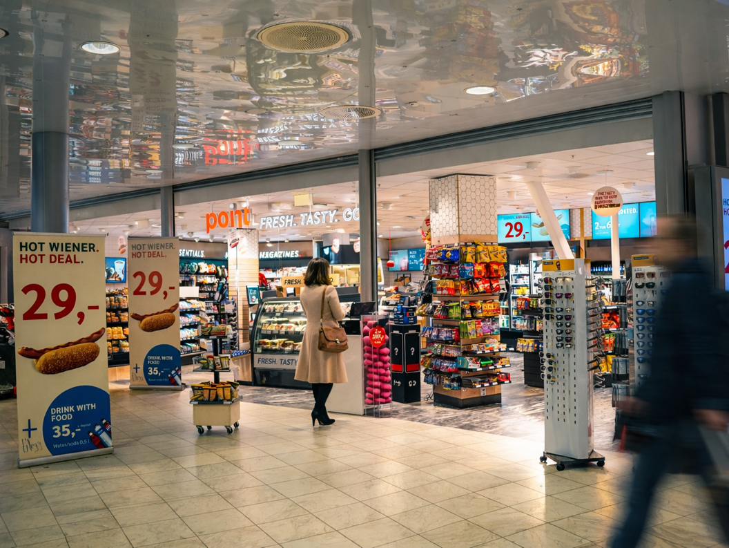 Butikkskilt med fete røde bokstaver som leser "Point" og hvite bokstaver som sier "Fresh. Tasty. Go." i et moderne design, som fremhever mat og bekvemmelighet