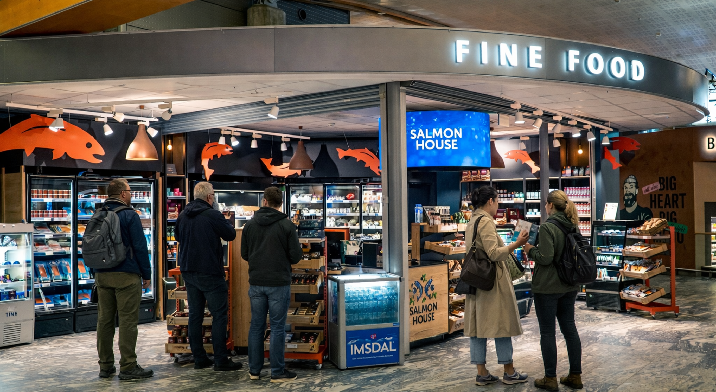 Logo for Salmon House med to stiliserte fisk omgitt av grønne blader og bær, med teksten "Salmon House" under i fete blå bokstaver