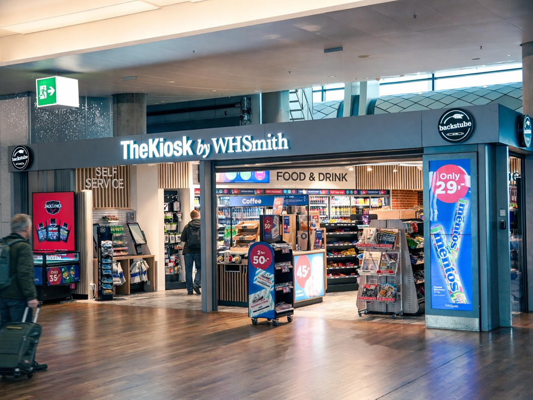 Moderne WHSmith-kiosk på en flyplass som tilbyr nødvendighetsartikler, snacks og drikkevarer under levende belysning