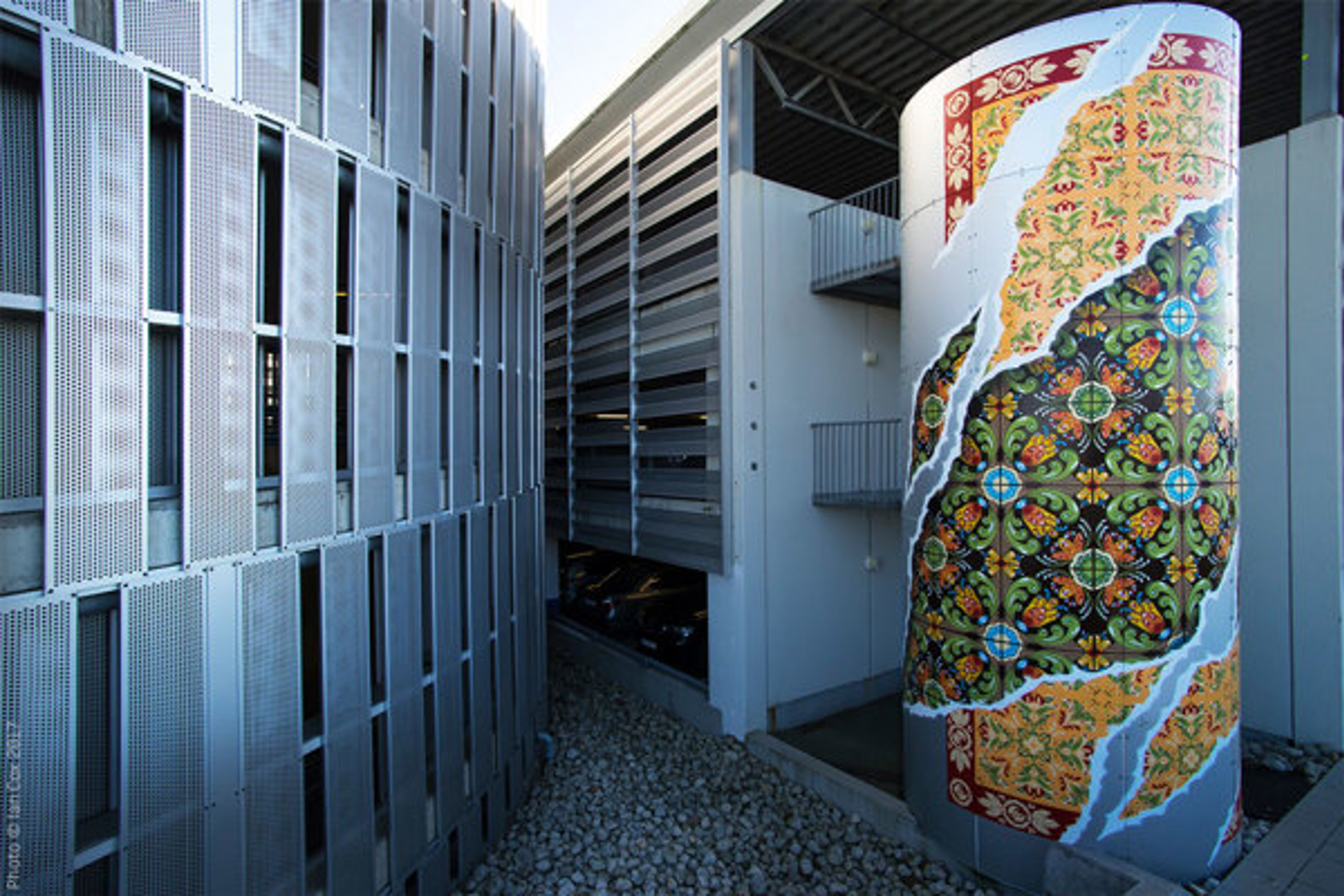 Artwork at Stavanger Airport, a column painted in beautiful yellow and red pattern